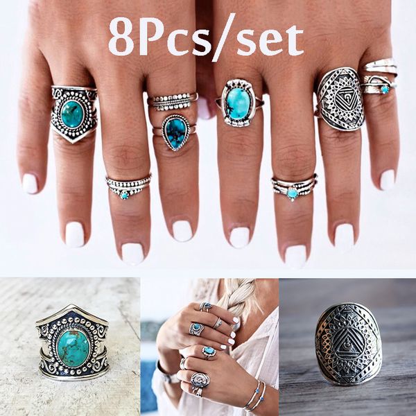 rj552 hand carved inlay 8-piece joint ring, Silver