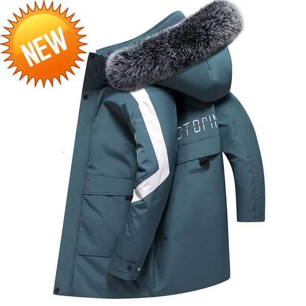 

winter white duck down jacket men's solid casual long fur collar parkas windproof thicken warm male with hooden puffer coats, Black