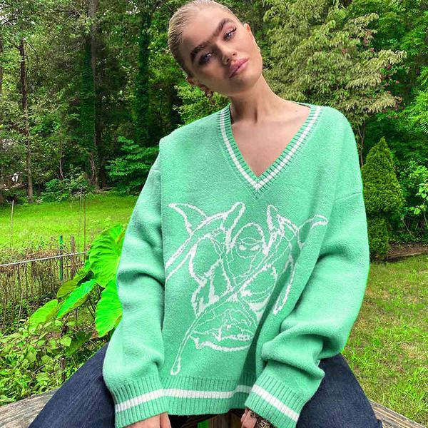 

sweaters europe america autumn and winter long-sleeved v-neck loose all-match printed woolen sweater, White;black