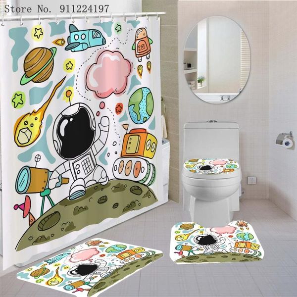 

shower curtains 4pcs cartoon astronaut print curtain floor mat u shape toilet lid cover waterproof polyester bathroom rugs bath