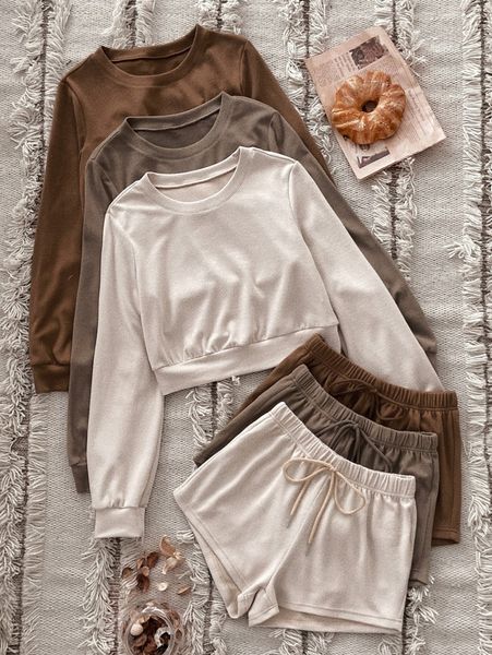 

plus 3pcs solid crop sweatshirt & 3pcs knot front shorts pj set w3gi#, Black;white