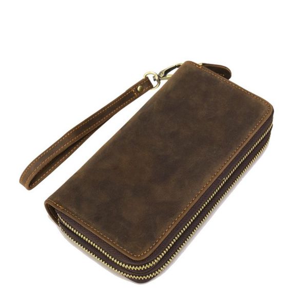 

wallets retro crazy horse leather double zipper card holder wallet mobile phone bag layer long men's genuine, Red;black