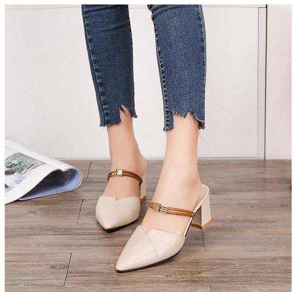 

women sandals pointed toe block non-slip closed shallow party high heels shoes black beige square heel pumps