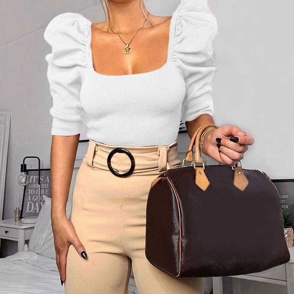 

vintage puff sleeve women blouse square neck korean style elegant white black slim crop blouse women 210527