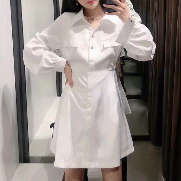 

casual dresses 2021 autumn white mini shirt dress women lapel long sleeve woman fashion pocket short elegant chic clothing, Black;gray