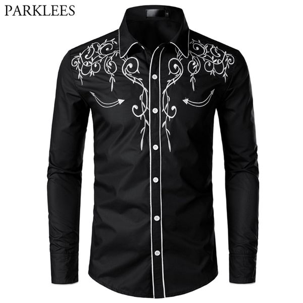 Elegante camicia da cowboy occidentale da uomo Design del marchio Ricamo Slim Fit Casual Manica lunga da uomo Festa di nozze per uomo 210721