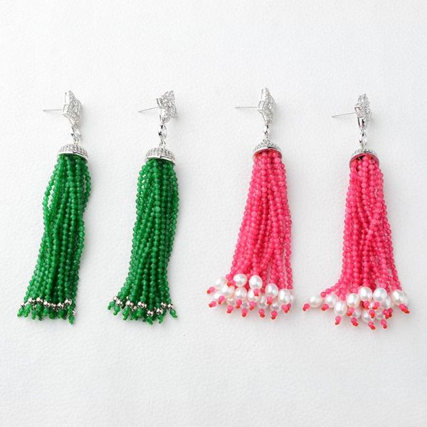 

dangle & chandelier 1paris natural green /pink jade silver plated cz pave earrings