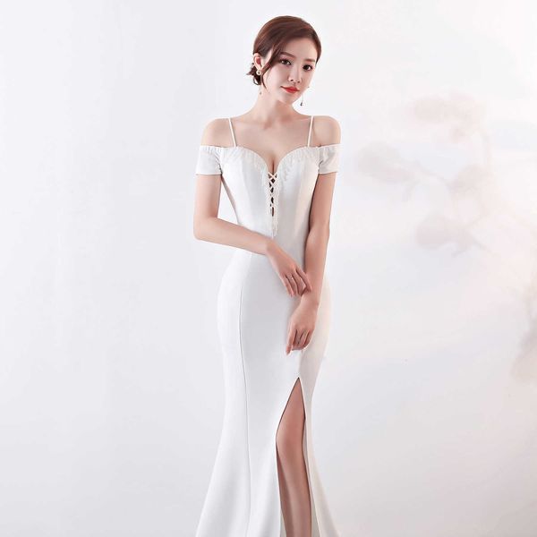 

luxury evening dress 1370# evening long women's suspender banquet host one shoulder fishtail split slim jumpsuit, Black;gray
