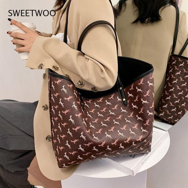

evening bags large capacity tote women shoulder bag female fashion printing pony korean both sides use design shopping handbag