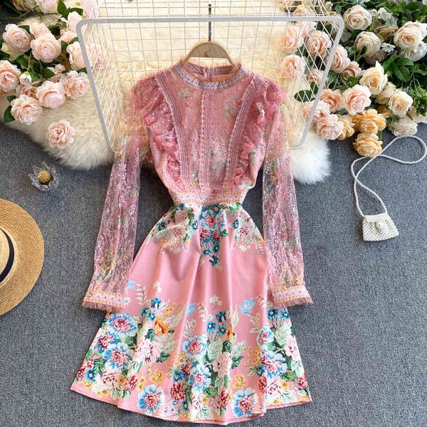 

spring arrivals print round collar long sleeve high waist black fungus edge slim a-line dress mz475 210525, Black;gray