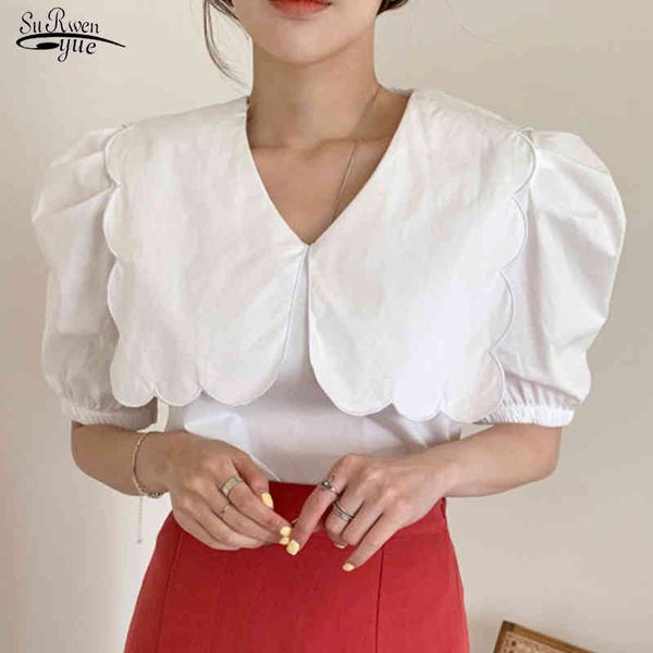 

summer puff short sleeve female shirt korean sweet turn-down collar ruffled woman blouses casual women clothes blusas 13848 210521, White
