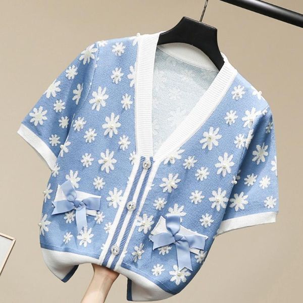 

women's knits & tees summer thin bow pearl flower knitted sweater cardigan women fashion patchwork v-neck short sleeve straight s-xl bl, White