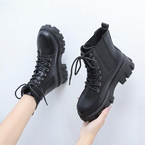 

boots women non-slip thick bottom ankle female drop winter lace up shoes woman fashion black pu leather platform