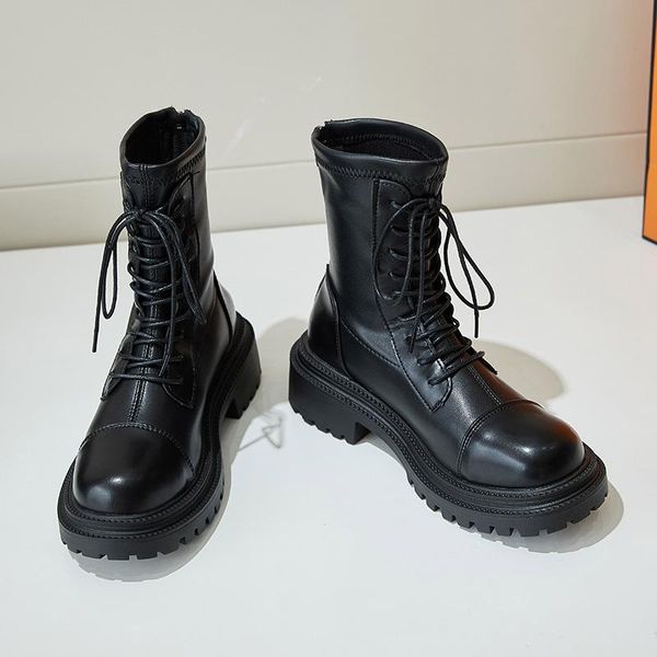 

boots after autumn and winter zipper thick-soled lace-up mid-tube female brand designer motorcycle women, Black