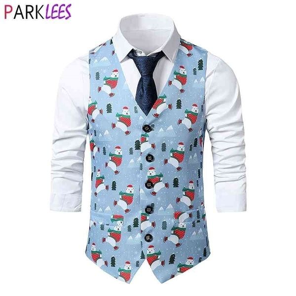 Noel Ayı Baskı Noel Yelek Erkek Marka Slim Fit Elbise Yelek Erkekler Noel Parti Sahne Balo Yelekler Erkekler Cosplay Kostüm 210522