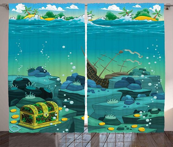 

curtain & drapes cartoon curtains seascape underwater treasure galleon sunk ship pirate kids print living room bedroom window drap home deco