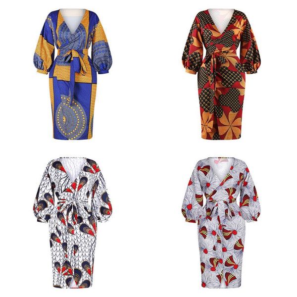 

ethnic clothing african dresses 2021 product style fashion v-neck lantern sleeve waist dress with and slim cardigan skirt, Red