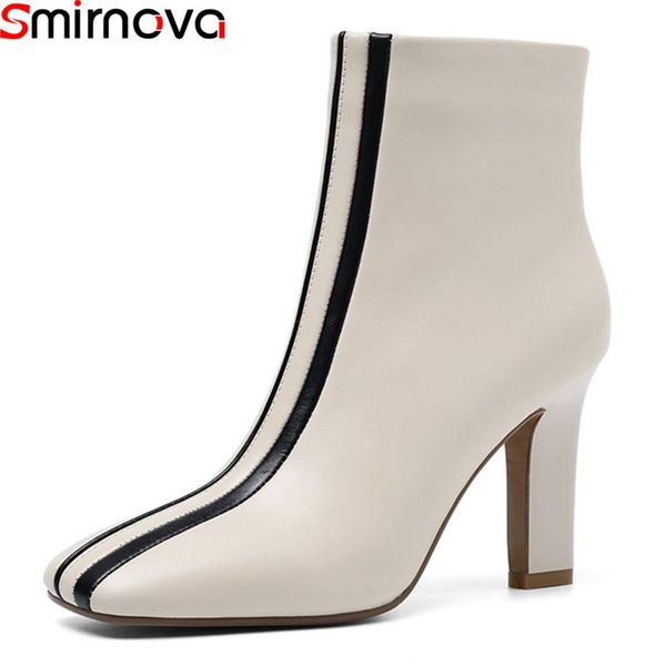 

boots smirnova 2021 arrival autumn winter genuine leather fashion square toe high heels ankle women, Black