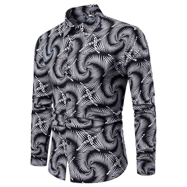

men's casual vortex slim fit long-sleeved formal dress shirts black white printed male social chemise 210721, White;black
