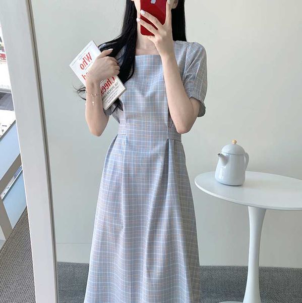 

casual dresses women plaid summer dress 2021 female cotton linen maxi vestidos preppy style elegant with belt, Black;gray