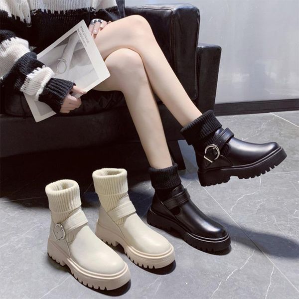

boots women knitted ankle short warm shoes casual famele footwear square heels platform ladies fashion buckle, Black