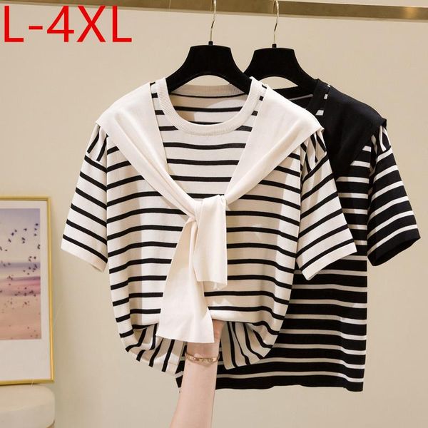 

plus size t-shirt l-4xl fit weight 50-100kg 2021 summer for women o-neck striped knitted large casual t-shirts with the shawl, Black