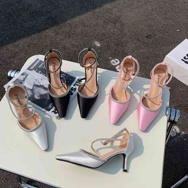 

elegant women sandals pink shoes ankle strap thin high heels dress shoes summer party pumps stain pumps 210513, Black