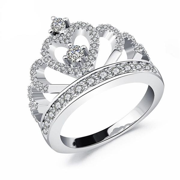 

cluster rings fashion luxury hollow crystal for women engagement ring princess crown jewelry sweet heart-shaped female, Golden;silver