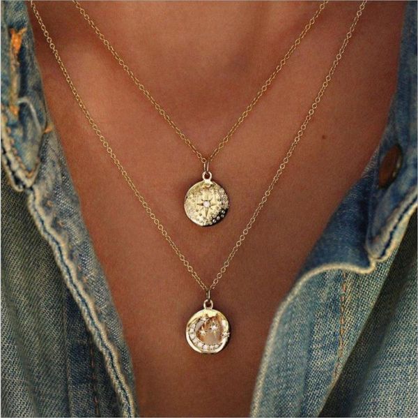 

pendant necklaces two layers necklace sun star moon disc alloy gold color o metal plated chain, Silver