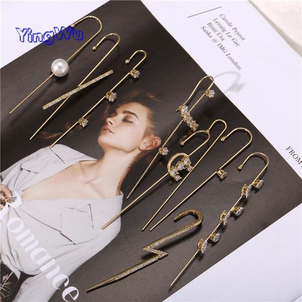 

fashion crystal zirconia stud earrings for woman geometric cross chain hook earrings pearl cuff climber gifts1, Golden;silver