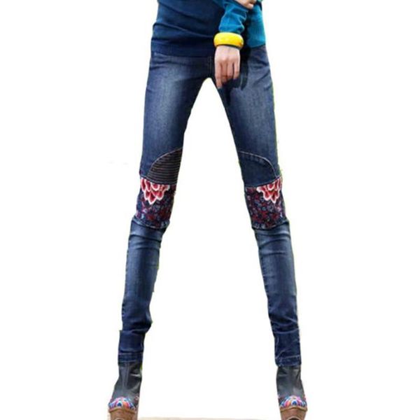 

women's jeans embroidered pants high waist elastic ethnic plus size long, Blue