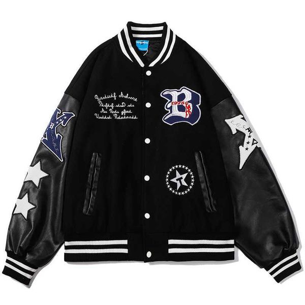 Хип-хоп Бейсбольная куртка Пальто Мужчины Буква B Вышивка Кожаная Рукава Varsity Bomber Biker Панк Винтаж Модный Колледж Куртка 211013