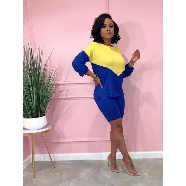 

spring summer spliced colors women casual outfits lady long sleeves contrast two pieces t shirt + shorts daily piece dress, White