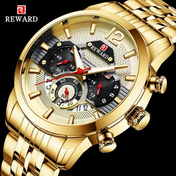

wristwatches watches mens 2021 reward brand quartz chronograph stainless steel waterproof watch men sport wristwatch reloj hombre, Slivery;brown