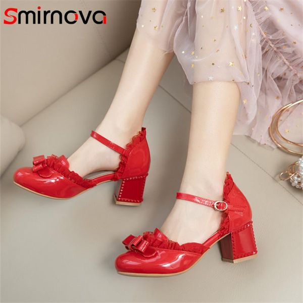 

dress shoes smirnova 2021 arrive women pumps round toe bowknot buckle single spring summer square high heel party woman, Black