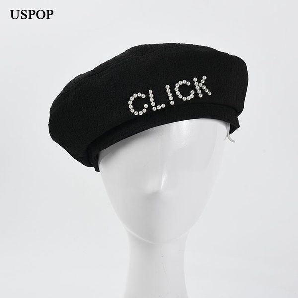 

berets uspop 2021 winter black velvet women pearl letter beret hat, Blue;gray