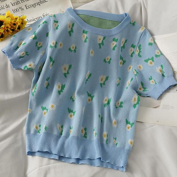 

women's t-shirt print knitted t shirt clothes women round neck blue femme puff sleeve short-sleeve pullovers sweet basic tees summer, White