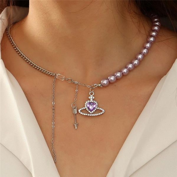 

pendant necklaces luokey romantic universe purple heart crystal necklace for women fashion pearl chain choker lady wedding party jewelry, Silver