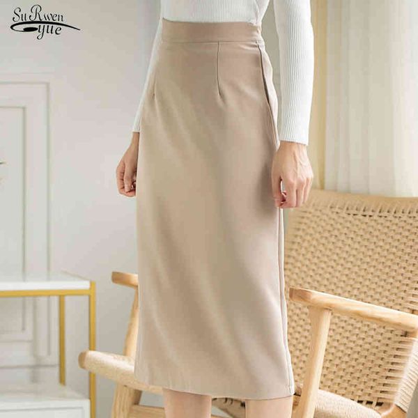 

solid color simple elegant office skirt jupe femme summer vintage high waist back midi skirts khaki one-step skirt 9674 210518, Black