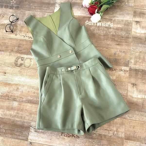 

women's leather & faux 2021 womens sheepskin suit green vest spring autumn wide leg shorts fashion v-neck slim, Black