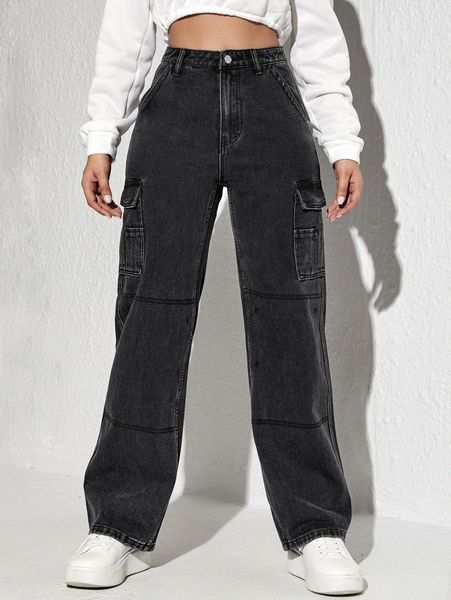 

high waist flap pocket straight leg jeans r1ur#, Blue