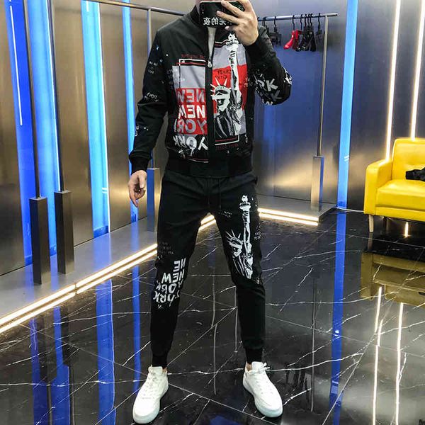 

hoodies fashion autumn of the men custom suit figure printed cardigan manga pants two male, Black