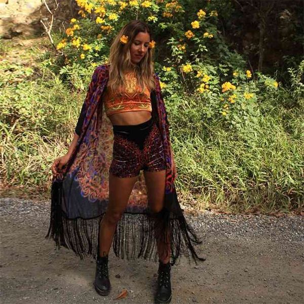 

vintage women chiffon kimono cardigan geometric print beach wear fringed tassels loose boho outerwear cover up black 210714, White