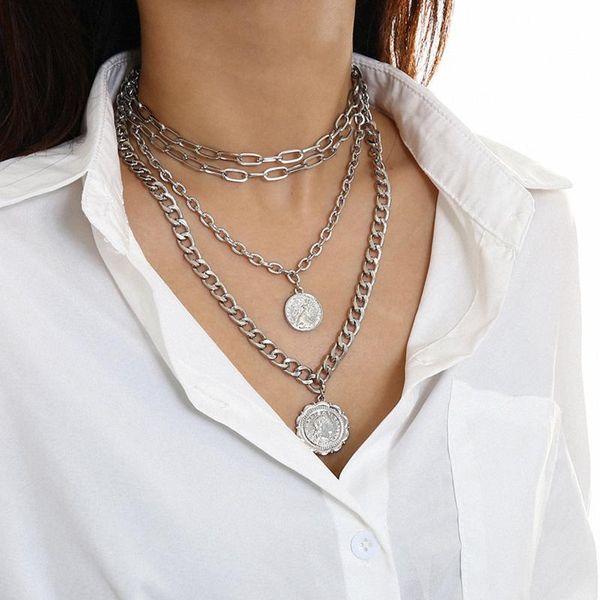 

chains 2021 fashion 4 layers hip hop gold color heart punk choker necklace women imitation pearl link coin pendant jewelry set, Silver