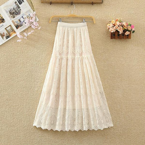 

skirts fashion lace patchwork gauze skirt women vintage medium long 2021 summer elegant ladies solid a-line high waist, Black