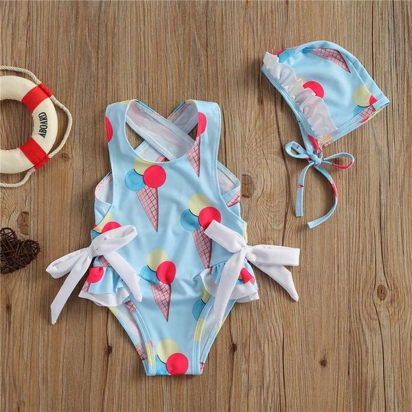 

summer kids swimwear toddler baby girls ice cream swimsuit bowknot bathing suit backless children swimming 1-6t one-pieces, Black