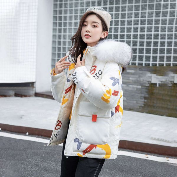 

little devil short trendy couple down jacket women's winter printed thickened white duck collar coat, Black