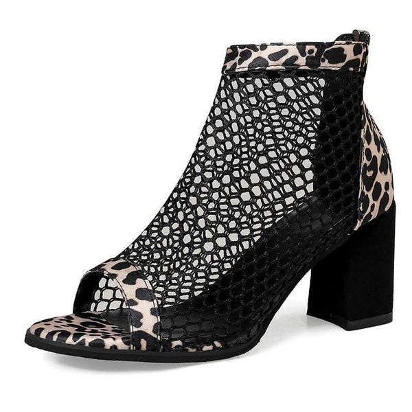 

dress shoes 2021 fashion black women sandals leopard high heels summer mesh hollow out thick cool boots