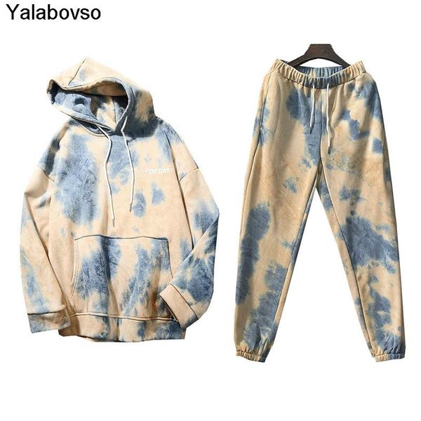 

thicken warm ladies girls hoodie tracksuits tie dye autumn winter 2 piece set women pullovers pants printed sportswear suits women's tw, White