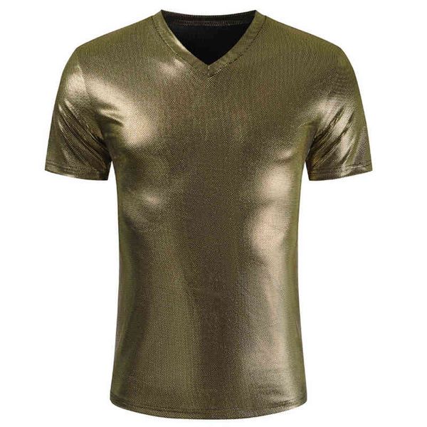 

gold coated metallic t shirt men shinny casual v-neck mens t-shirt night club t shirts hip hop solid harajuku streetwear 210524, White;black